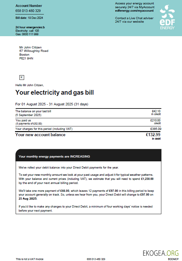 France EDF utility bill template in Word and PDF formats, version 2